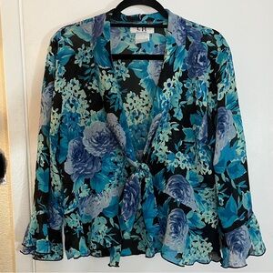 Vintage 90s Floral Blouse Flowy 70s Style Floral Ruffles Made in USA Black Blue